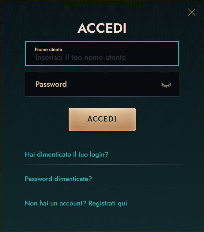 Interfaccia di login Dolly Casino